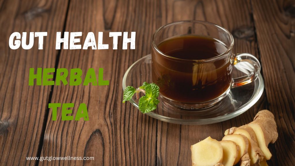 Mug filled with steaming herbal tea and a slice of ginger on the side.