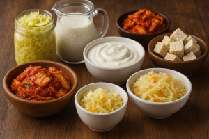 A colorful selection of fermented foods, including yogurt, sauerkraut, and kefir, rich in probiotics for gut health.