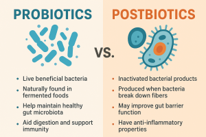 Comparison chart highlighting the differences between probiotics and postbiotics for gut health.