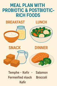 A well-balanced meal plan featuring foods rich in probiotics and postbiotics for optimal gut health.